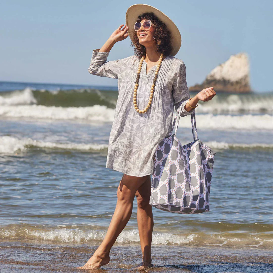 ***PALM LEAVES GREY Pintuck Beach Cover Up, Recycled Cotton