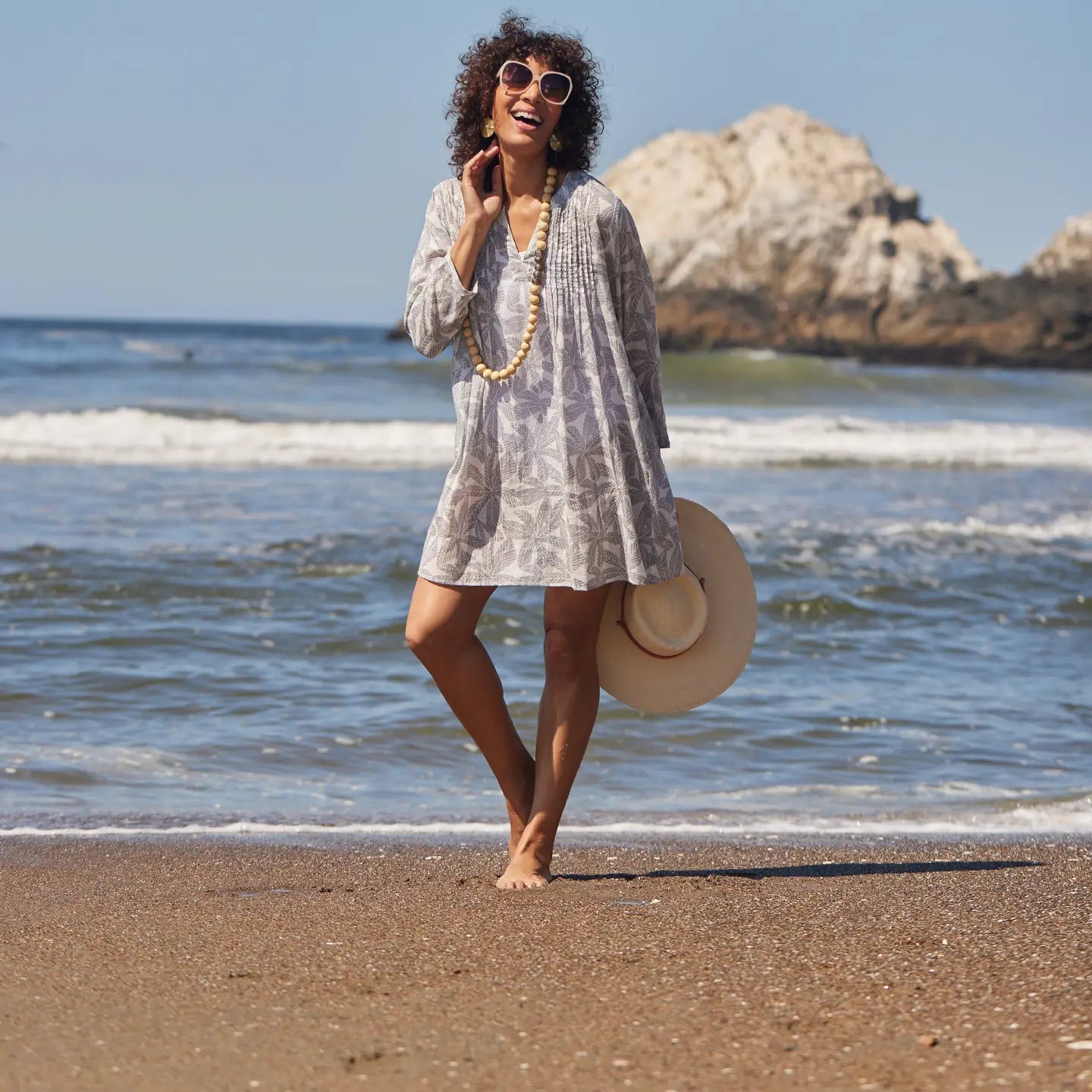 ***PALM LEAVES GREY Pintuck Beach Cover Up, Recycled Cotton