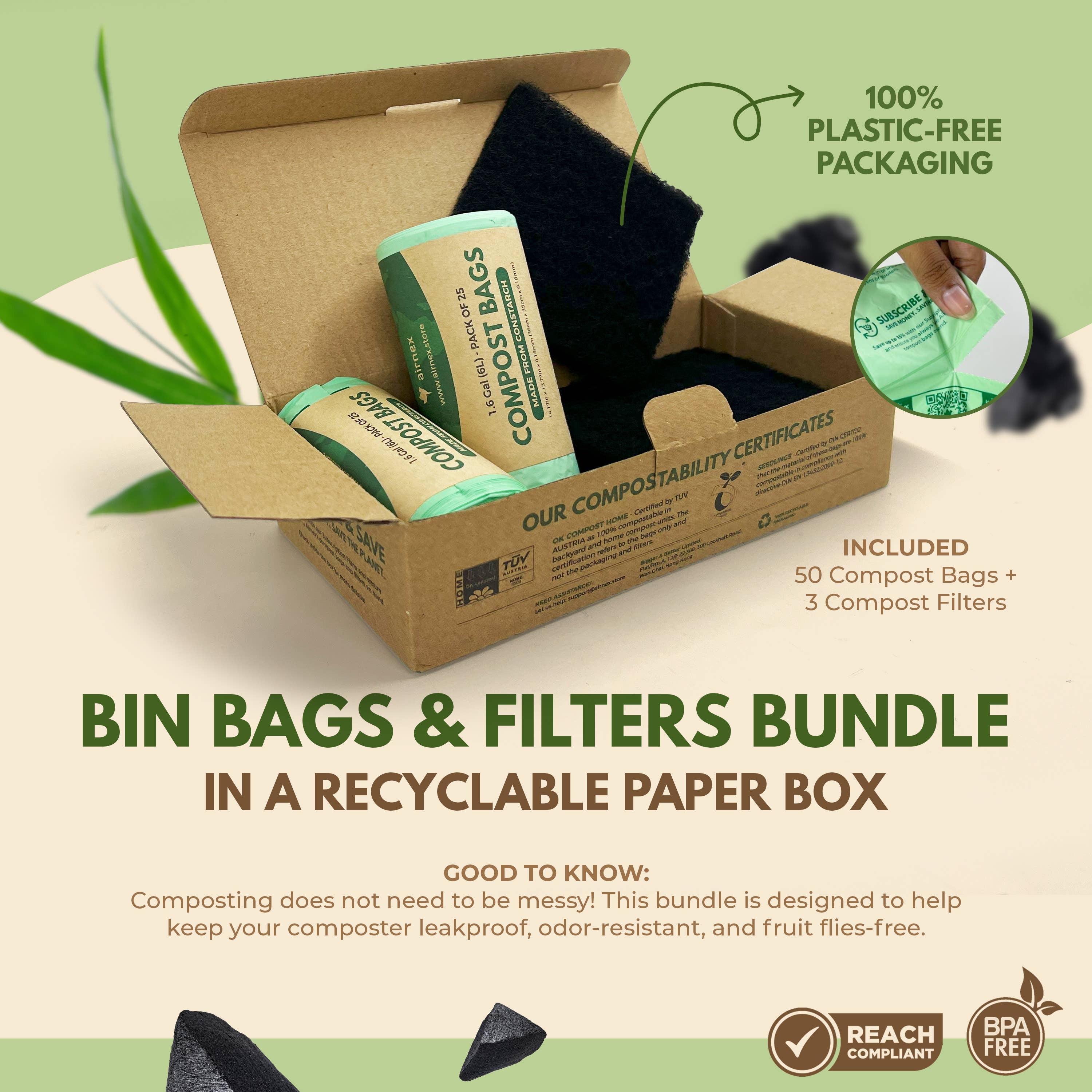 50 Compostable Trash Bags + 3 Compost Bin Filters Bundle