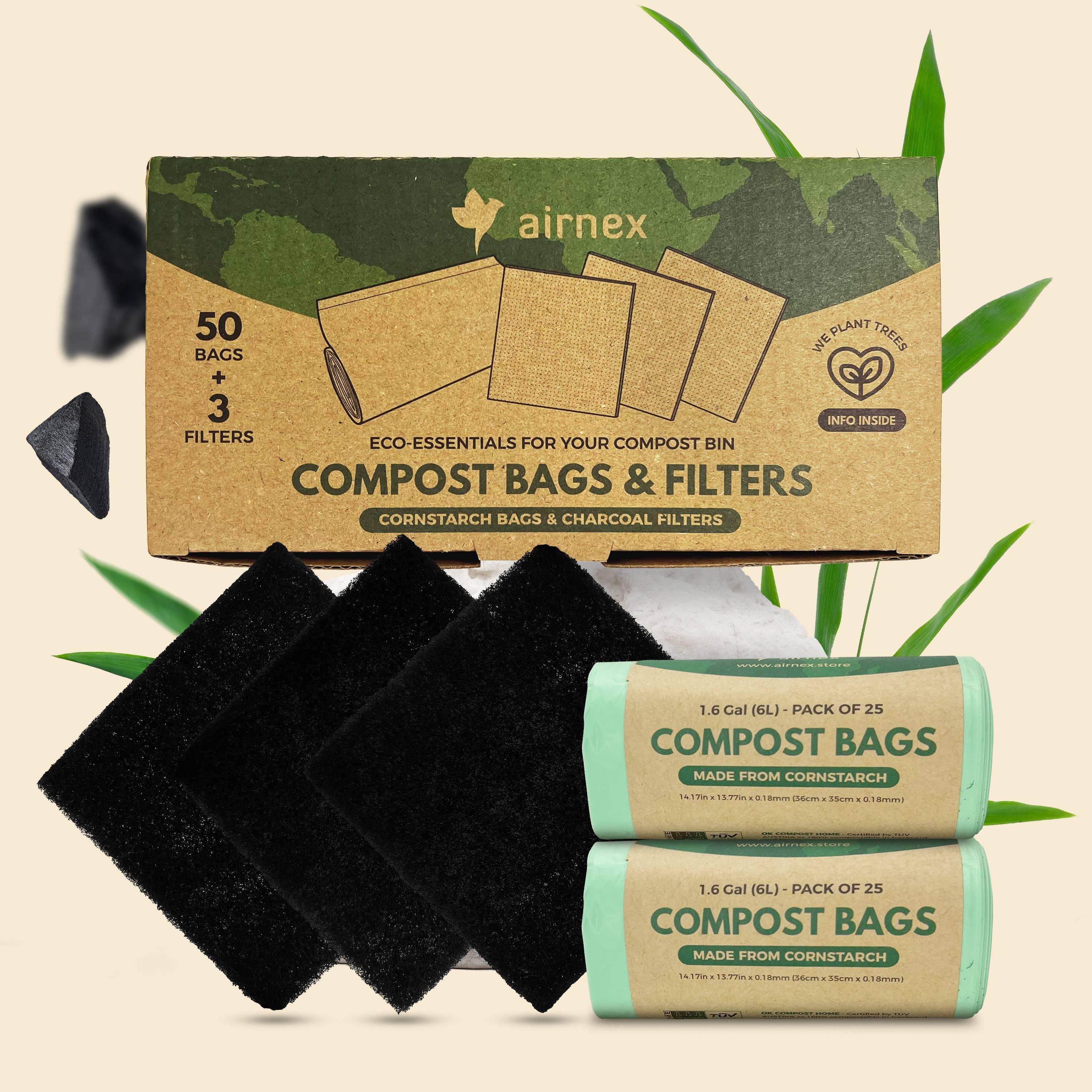 50 Compostable Trash Bags + 3 Compost Bin Filters Bundle